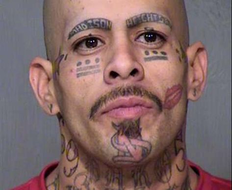 Angel Mendez has  tattoos of stars and lips, dots and dashes,  tear drops,  and the number 69 and other tattoos ringed his neck. Where Mendez’s eyebrows were are the words “Madison Heights.” Mendez, a 33-year-old with a lengthy rap sheet,  put up a bit of a fight when the Maricopa County deputies arrested him on charges including failure to appear in court. Piercing Fails, Bad Face Tattoos, Awful Tattoos, Really Bad Tattoos, Tattoos Gone Wrong, Funny Mugshots, Terrible Tattoos, Horrible Tattoos, Bad Eyebrows