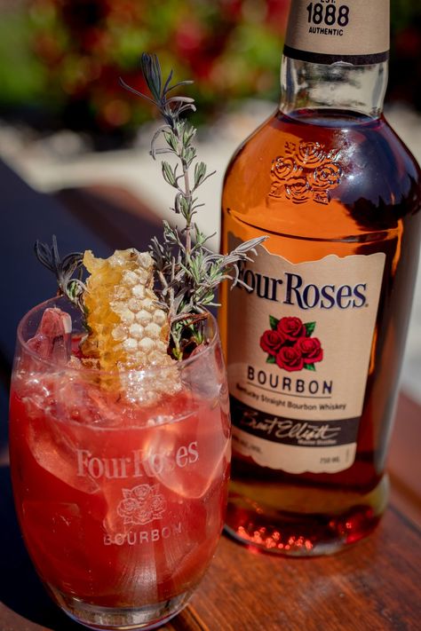 Strawberry Bourbon Cocktail, Four Roses Bourbon Recipes, 4 Roses Bourbon, Four Roses Bourbon, Bourbon Smash, Bourbon Recipes, Rose Sangria, Thyme Recipes, Rose Cocktail