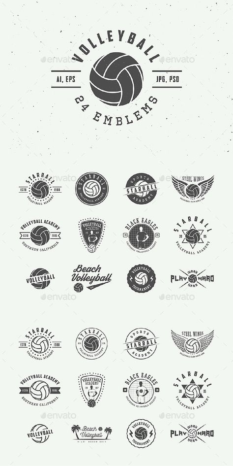 Vintage Volleyball Emblems Templates PSD, Vector EPS, AI Illustrator Volleyball Logo Ideas, Sport Logo Design Ideas, Volleyball Logo Design Ideas, Volleyball Logo Design, Volleyball Logos, Logo Design Sport, Volleyball Tshirt Designs, Logo Volleyball, Volleyball Vintage