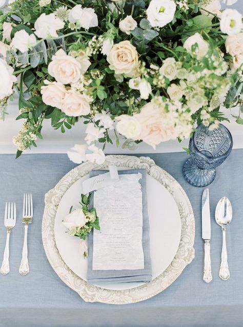 Romantic Bridal Style with French Blue Accents - Wedding Sparrow Blog French Blue Wedding, Blue Table Settings, French Country Wedding, Romantic Wedding Receptions, Blue Wedding Inspiration, Wedding Sparrow, Blue Themed Wedding, Wedding Place Settings, בר מצווה