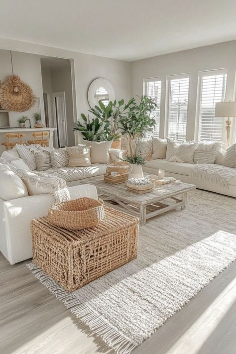 Home Decor Ideas Open Concept, White Interior Homes Inspiration, Modern Cozy Living Room Apartment, Big Boho Living Room, Cozy Modern Home Aesthetic, Tulum Living Room Decor, Modern Beach House Interior Design Living Room, Costal Grandma Aesthetic Living Room, Coastal Living Room With Black Accents