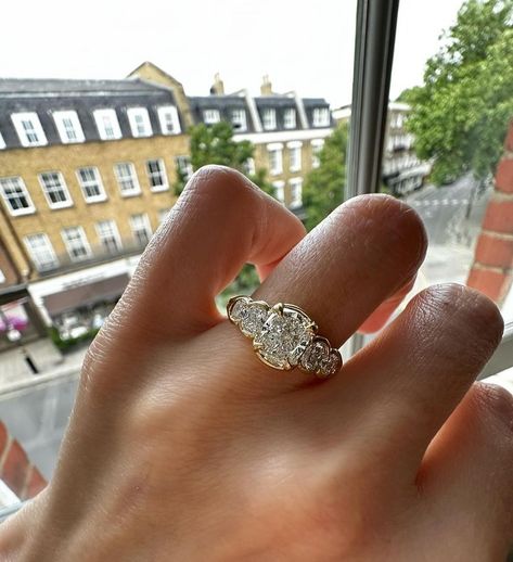 Elongated cushion cut five stone engagement ring By @jessiethomasjewellery 😃✨ Elongated Cushion Engagement Ring With Halo, Elongated Cushion With Half Moons, 2024 Engagement Rings, 5 Stone Engagement Ring, Five Stone Engagement Ring, Elongated Cushion Cut Engagement Ring, Unconventional Engagement Rings, 3 Stone Engagement Ring, Elongated Cushion Cut