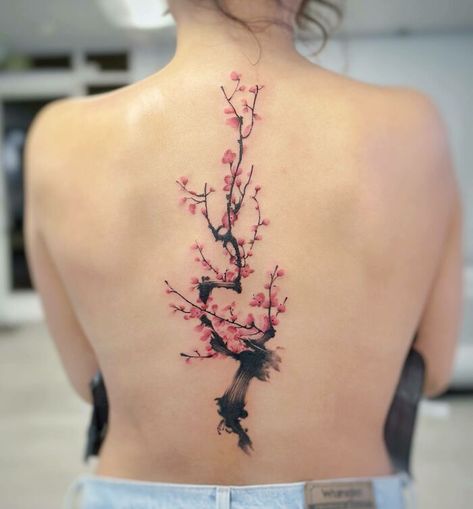 Cherry Blossom Tree Spine Tattoo, Cherry Blossom Tattoo Back, Cherry Blossom Spine Tattoo, Cherry Blossom Branch Tattoo, Cherry Blossom Back Tattoo, Cherry Blossom Tattoo Shoulder, Tattoo Back Tattoo, Japanese Tattoo Women, Floral Back Tattoos