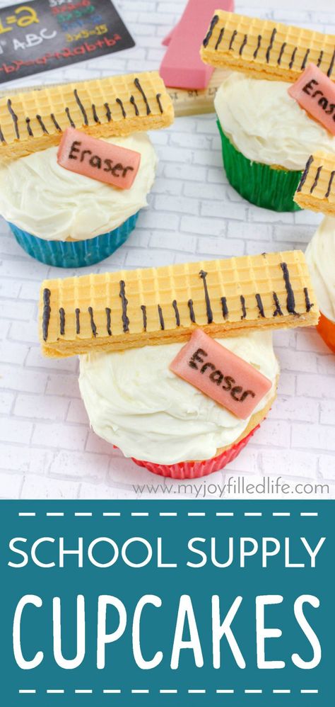 These cupcakes are perfect for your back-to-school party or celebration! #backtoschool #cupcakes via @slavila Back To School Cupcake Ideas, Kindergarten Cupcakes, Teacher Snacks, Back To School Cupcakes, School Baking, School Cakes, Edible School Supplies, Kids Cupcakes, Cupcake Recipes For Kids