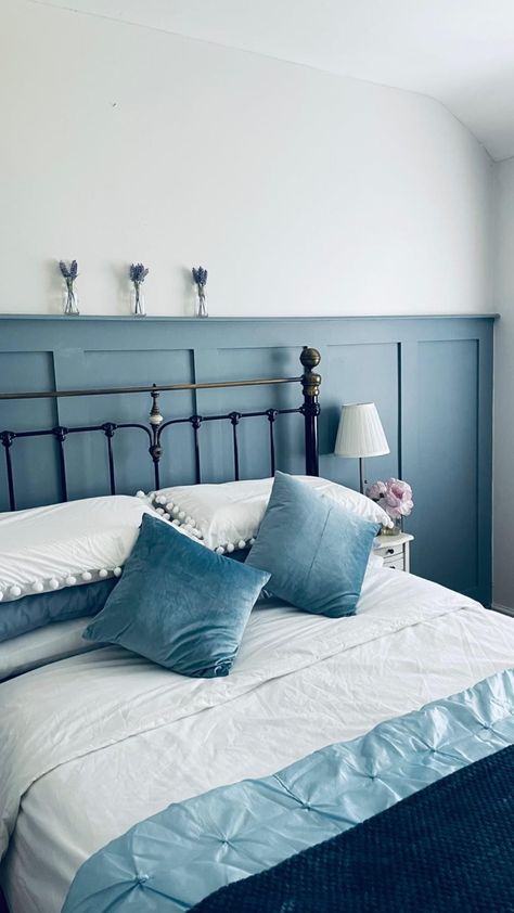 Cream Bedroom Walls, Blue Feature Wall Bedroom, Denim Drift, Bedroom Teal, Blue Bedroom Walls, Blue Headboard, Bedroom Coastal, Wrought Iron Bed, Feature Wall Bedroom