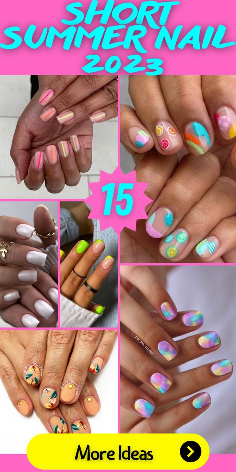 Transform your look with our short nail summer ideas. Our collection includes everything from simple, minimalist designs to intricate patterns and motifs. No matter your preferred nail shape, be it trendy square or chic almond, we have a design that will appeal to you. Choose from a variety of summer-ready colors, including vibrant neon, cool blue, or sweet pink, and finish it off with a durable gel or bold acrylic topcoat. Cute Summer Nail Designs For Short Nails, Summer Nails 2023 Gel Short Simple, Summer Painted Nails, Short Neon Nail Designs, Nail Designs Square Shape Short, Neon Nail Inspo Short, Short Summer Nails 2023 Simple, Summer Nails 2023 Gel Short Square, Short Acrylic Nails Designs Summer