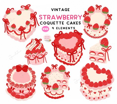 Cake Designs Illustrations, Vintage Birthday Cake Illustration, 90s Wedding Cake, Vintage Strawberry Cake, Retro Heart Cake, Coquette Birthday Cake, Coquette Clipart, Birthday Cake Clipart, 90s Wedding