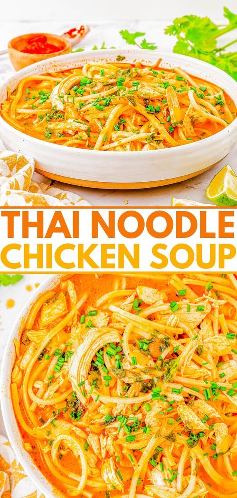 Thai Noodle Soup with Chicken - Averie Cooks Thai Soups, Asian Chicken Noodle Soup, Thai Noodle Soups, Thai Chicken Noodles, Chicken Thai, Thai Red Curry Paste, Rice Noodles Stir Fry, Soup With Chicken, Thai Soup