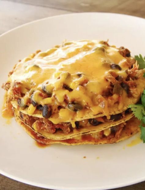 Tostada Enchilada Stacker Mexican Stack Up Recipes, Tostada Stack, Enchilada Stack, Baked Tostadas, Stacked Enchiladas, Tostada Recipes, Rotisserie Chicken Breast, Easy Enchiladas, Enchilada Casserole