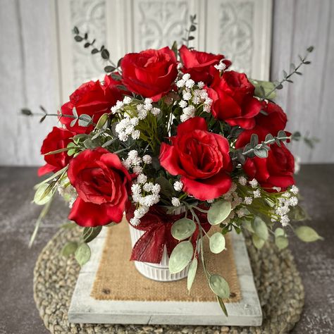 Red Rose Faux Flower Arrangement | Valentines Day Anniversary Birthday Gift Artificial Flower Arrangement | Dozen Roses Arranged Spiral Eucalyptus, Birthday Romantic, Red Rose Arrangements, Summer Flower Arrangements, Rose Flower Arrangements, Winter Centerpieces, Dozen Roses, Dollar Eucalyptus, Faux Floral Arrangement