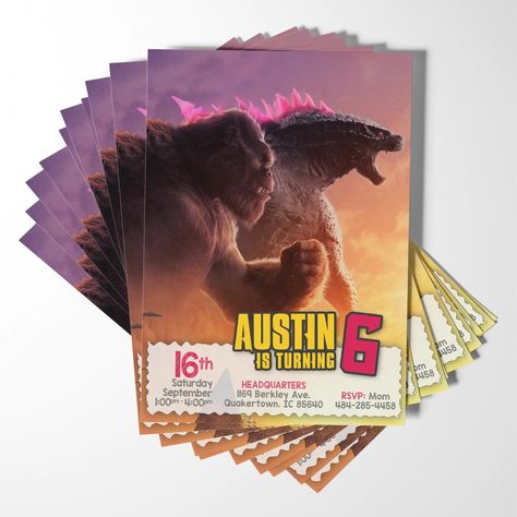 Throw an unforgettable Kong X Godzilla birthday bash with roar-some invitations! Invite your friends and family to a legendary celebration with our custom Kong X Godzilla party invitations featuring everyone's favorite kaiju, Godzilla! CHOOSE FROM TWO OPTIONS: * Printed invitations: Get high-quality 5x7" Godzilla birthday invitations delivered straight to your door. * Digital invitations: Save money and time with downloadable Godzilla party invitations in PDF or JPG format. You can print ... Godzilla Invitations, Godzilla Party, Godzilla Birthday Party, Godzilla Birthday, Godzilla Movie, Birthday Party Invitations Free, Party Details, Birthday Poster, Printed Invitations