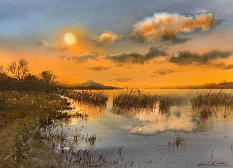 Javid Tabatabaei on Instagram: “#watercolor #watercolour #javidtabatabaei #sunset#northvancouver” Javid Tabatabaei, How To Paint Sunset, Paint Sunset, How To Paint Water, River Watercolor, Watercolor Landscape Tutorial, Master Watercolor, Aquarelle Painting, Mediums Of Art