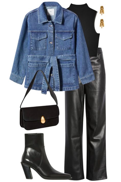 Denim And Leather Outfit, Denim Jacket With Belt Outfit, Fall Outfits With Denim Jacket, Denim Jacket With Belt, Denim Leather Outfit, Denim Belted Jacket Outfit, Belted Jean Jacket Outfit, Denim Blazer Outfits For Women, Belted Denim Jacket