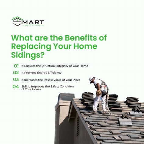 Let's figure out the benefits that you will receive after replacing the sidings of your home! #RoofFacts #MetalRoofs #FlatRoofs #HomeMaintenance #EnergyEfficiency #PropertyTips Roofing Services, Home Maintenance, Energy Efficiency, Roof, Conditioner, Siding, Social Media, Let It Be