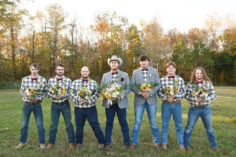 Flannel Groomsmen Attire, Flannel Wedding Groomsmen, Blue Jean Wedding, Red Sunflower Wedding, Lumberjack Wedding, Fish Boots, Flannel Wedding, Wedding Ideas 2024, Plaid Wedding