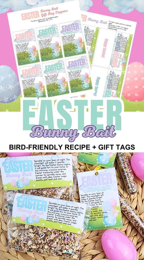 Here's a bird-friendly Bunny Bait recipe and Free printable gift tags. The idea is to have the kids sprinkle this 'bunny bait' in the yard and then secretly place eggs in the yard for them to find the next day that were left by the Easter bunny. Simple way to add some fun to the typical Easter egg hunt. #bunnybait #easter #freeprintables Bunny Bait Recipe, Bunny Bait, Easter Gift Bags, Free Printable Gifts, Printable Gift Tags, Free Printable Gift Tags, Free Gift Tags, The Easter Bunny, Spring Ideas