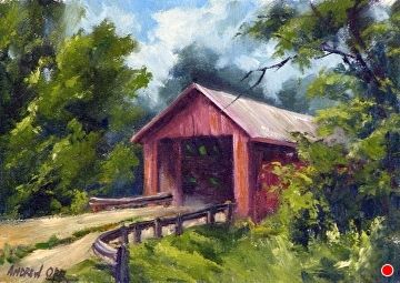 The Station Bridge by Andrew Orr, Oil, 5 x 7 Covered Bridge Painting, Bridge Watercolor, Old Western Towns, Winding River, Slate Art, Bridge Painting, Cabin Art, Barn Painting, Barn Art