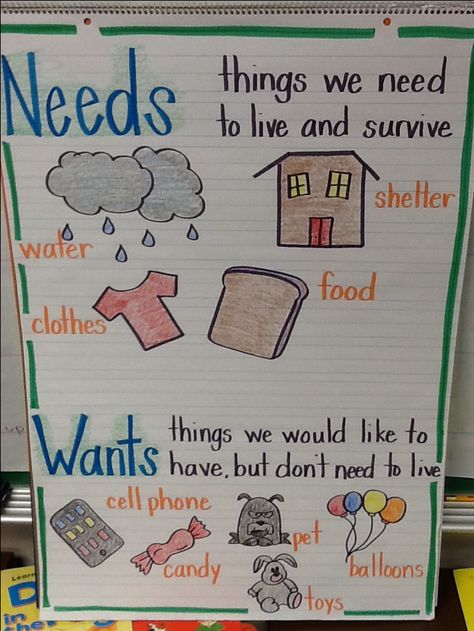 Wants and needs anchor chart Grey Lengha, History Homeschool, Needs Vs Wants, Kindergarten Anchor Charts, Kindergarten Social Studies, Classroom Anchor Charts, Toddler Homeschool, Social Studies Elementary, Class Theme