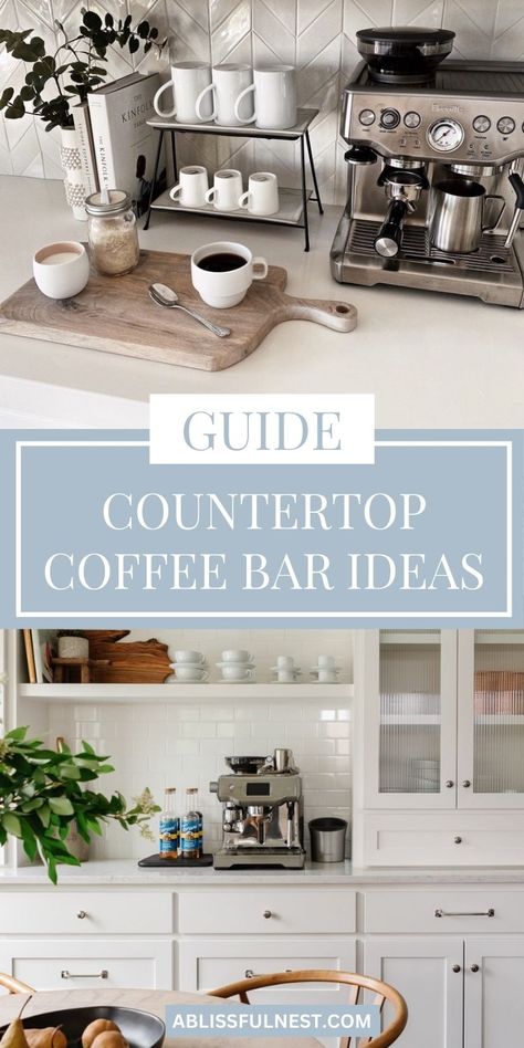 Looking for inspiration for your kitchen countertop? Countertop coffee bar ideas are a great way to add a touch of warmth and personality to your space. Whether you prefer a minimalist design or a more eclectic look, these ideas will inspire you to create your perfect coffee corner. #diycoffee #homebar #coffeeaesthetic Coffee Island Ideas, Small Kitchen Counter Coffee Station, Coffee Nook Kitchen Counter, Kitchen Island Coffee Bar, Diy Coffee Station Countertops, Coffee And Breakfast Bar, Coffee Area On Counter Kitchen, Coffee Corner Inspiration, Coffee Corner Kitchen Countertops