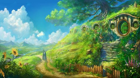 1920x1080 Lord of the rings - Wallpaper Lord of the rings - Wallpaper The ... Landscape Wallpapers, Anime Landscape, Studio Ghibli Background, 2560x1440 Wallpaper, Tolkien Art, Bilbo Baggins, Hobbit House, The Shire, Oil Canvas