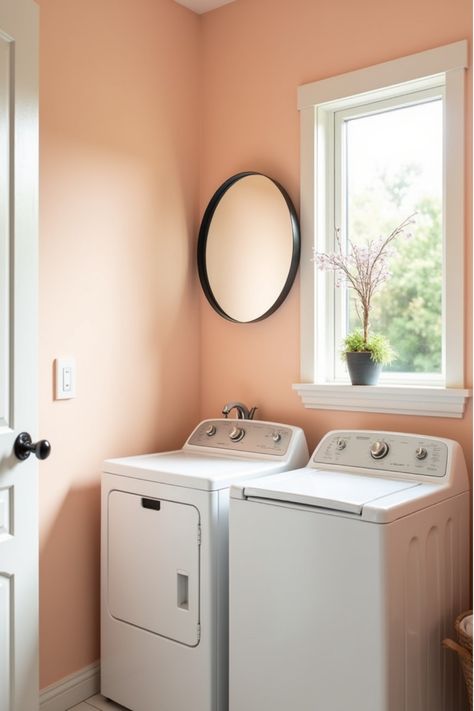 Bright corner laundry area featuring peach walls and reflective mirror Coral Laundry Room Ideas, Peach Laundry Room, Colors For Small Spaces, Corner Laundry, Small Laundry Space, Modern Farmhouse Laundry Room, Laundry Room Colors, Beautiful Color Palettes, Home Laundry Room