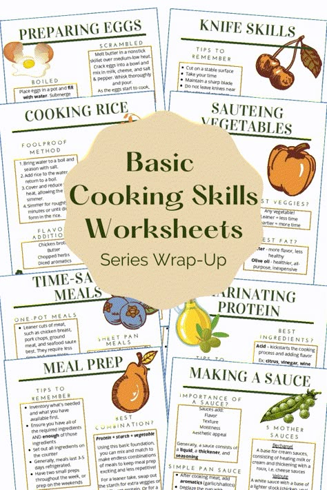 Basic Cooking Skills Worksheets | Series Wrap-Up - Abundance of Flavor Beginner Cooking Tips, Science Of Cooking, Culinary Classroom Design, Home Economics For Kids, Pre K Cooking Activities, Cooking Curriculum, Homeschool Life Skills, Side Dishes Vegan, Fast Snacks