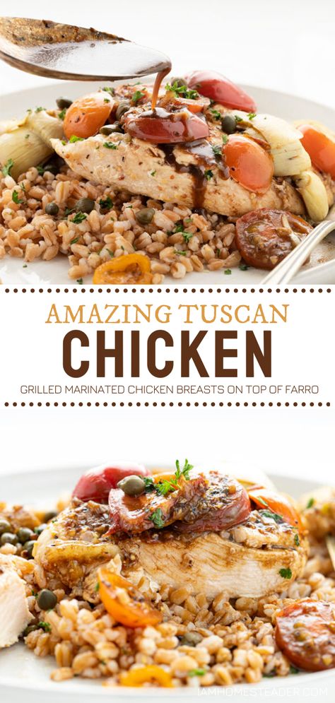 Tuscan Chicken Cheesecake Factory, Farro Chicken Recipes, Cheesecake Factory Tuscan Chicken Recipe, Cheesecake Factory Tuscan Chicken, Tuscan Grilled Chicken, Chicken Farro Bowl, Farro And Chicken Recipes, Chicken Farro Recipes, Chicken Farro