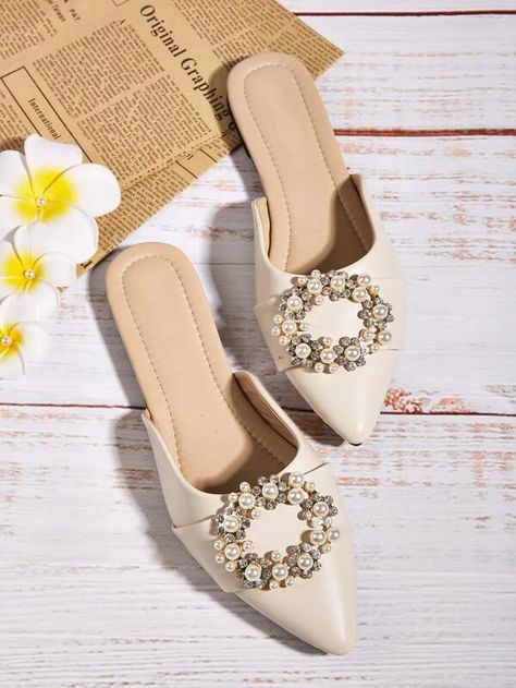 Point Toe Faux Pearl & Rhinestone Decor Flat Mules | SHEIN USA Luxury Flat Mules For Party, Luxury Classic Flat Mules, Luxury Embellished Mules For Party, Elegant Beige Flat Mules, Elegant Embellished Luxury Mules, Wedding Jewelry Sets Bridal Jewellery, Casual Sandals Womens, Embroidered Handbag, Flat Mules