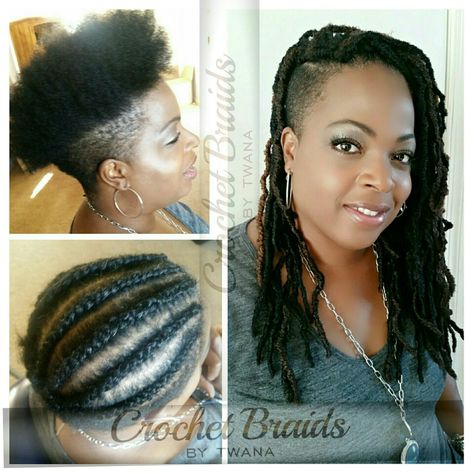 Embellished Undercut featuring Bobbi Boss Nu Loc 18" Crochet Braids. Prelooped, dense but lightweight. Only 6 cornrows, 4.5 packs used.  #fauxlocs #crochetfauxlocs #crochetbraidstyles #crochetbraidsbytwana #crochetbraids #undercutgirls #undercut #protectivestyles #braids www.crochetbraidsbytwana.com Shaved Sides With Crochet Braids, Undercut Crochet Hairstyles, Shaved Side Crochet Hairstyles, Crochet Braids Shaved Sides, Crochet Braids With Shaved Sides, 6 Cornrows, Braids Pattern, Best Crochet Hair, Braids With Shaved Sides