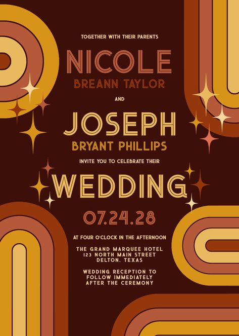 wedding invitations retro 70s bold typography rainbow arch wedding invitation casual outdoor backyard wedding bold typography fonts text mustard yellow terracotta brick red midnight brown earth tones cool unique trendy trends special fun playful whimsical whimsy boho bohemian offbeat bauhaus style themed event arch geo geometric shapes hippie retro 60's 70's #fyp 70s Wedding Theme, Event Arch, Outdoor Backyard Wedding, Casual Wedding Invitations, Arch Wedding Invitation, Terracotta Brick, Rainbow Arch, Professional Fonts, Rainbow Wedding