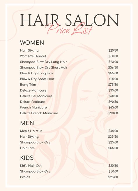 Hairdresser Price List, Hair Salon Price List, Dry Long Hair, Hair Salon Prices, Beauty Salon Price List, Salon Names Ideas, Hair Salon Names, Hair Salon Business, Salon Price List