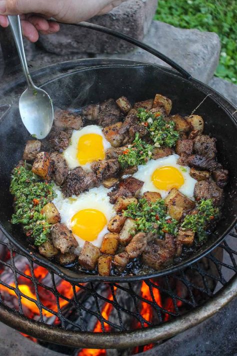 Steak Bites with Smoked Chimichurri Coffee Rubbed Steak, Sweet Potato Tater Tots, Over The Fire Cooking, Skillet Steak, Steak Bites Recipe, Egg Skillet, Chimichurri Recipe, Butter Steak, Over Easy Eggs