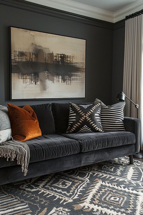 29 Dark Grey Couch Living Room Ideas for Sophisticated Style 21 Dark Couch Throw Pillows, Grey Couch Black Accents, Gray Velvet Sofa Living Room Ideas, Charcoal Couch Styling Color Schemes, Grey Couch Paint Color, Gray Cream Black Living Room, Dark Grey Sectional Living Room Decor, Charcoal Grey Living Room Ideas, Rug For Dark Grey Couch