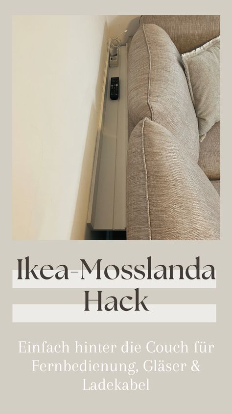 Einfach die Ikea Mosslanda Bilderleiste hinter dem Sofa anbringen und Fernbedienung, Ladekabel, Anschlüsse, Gläser oder Snacks verstecken. So bleibt dein Sofa aufgeräumt! #ordnung #lifehack #mosslanda #hack #aufräumhack #clean #clenahome #home #interior #interiorideas #organization #organisation #homeorganization #ikeahacks #sofaorganization #sofaorganizer #mosslandashelf #decluttersofa #decluttercouch #declutter #hiddenstorage #organizedliving #functionaldecor #decoration #sofaessentials Mosslanda Ikea Hack, Ikea Mosslanda Hack, Mosslanda Ikea, Ikea Mosslanda, Curtains Interior Design, Ikea Picture Ledge, Living Room Wall Decor Ideas, Ikea Lack, Living Room Partition