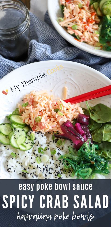 Crab Salad Poke Bowl, Imitated Crab Poke Bowl, Crab Salad For Poke Bowl, Poke Crab Salad, Poke Bowl Hawaiian Style, Healthy Poke Bowl Meal Prep, Spicy Crab Poke Bowl, Spicy Poke Bowl, Diy Poke Bowl Recipe