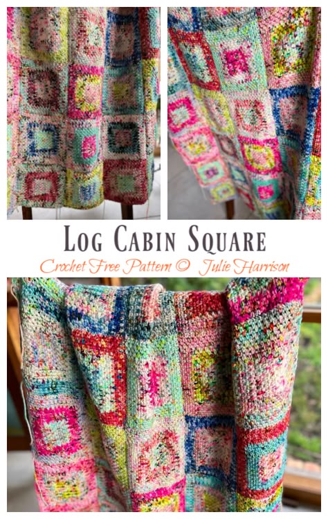 Log Cabin Square Crochet Free Pattern - Crochet & Knitting Cabin Crochet, Knitted Squares Pattern, Yarn Projects Crochet, Scrap Crochet, Scrap Yarn Crochet, Cozy Log Cabin, Simple Linen, Crochet Afghan Patterns Free, Crochet Afgans