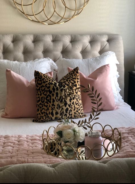 Loving this upholstery headboard. Adds a touch of softness to the room. Light Pink Headboard Bedroom Ideas, Leopard Accent Bedroom, Pink Cheetah Bedroom Ideas, Bedroom Ideas Animal Print, Leopard Print And Pink Bedroom, Cheetah Themed Bedrooms, Cheetah Print And Pink Bedroom, Pink Cream And Gold Bedroom, Cheetah And Pink Bedroom