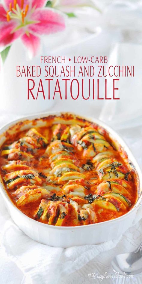 This Baked Squash and Zucchini Ratatouille is cooked until tender with tomato sauce and Parmesan cheese! It’s the perfect side dish with vegetables that is so easy to make. Zucchini Squash Tomato Recipes, Baked Squash And Zucchini Recipes Casserole, Zucchini Ratatouille Recipe, Zucchini And Tomato Sauce, Squash And Tomato Recipes, Zuchini And Squash Recipes, Zucchini With Tomato Sauce, Squash Zucchini And Tomato Recipes, Squash And Tomato Casserole