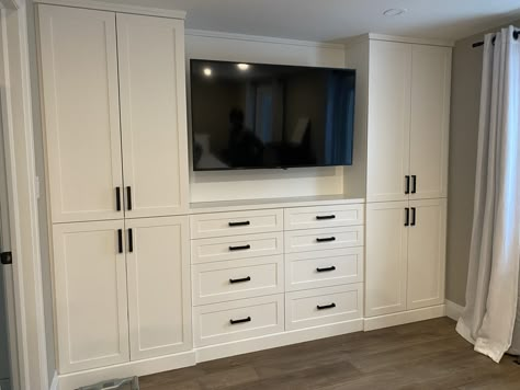 Dresser Cabinet Bedroom Built Ins, Bedroom Dresser Built Ins, Built In Wardrobe Tv In Middle, Bedroom Closet With Tv In The Middle, Built In Closet Wall With Tv, Tv In Closet Ideas Bedrooms, Built In Dresser In Bedroom, Bedroom White Furniture, Built In Bedroom Cabinets