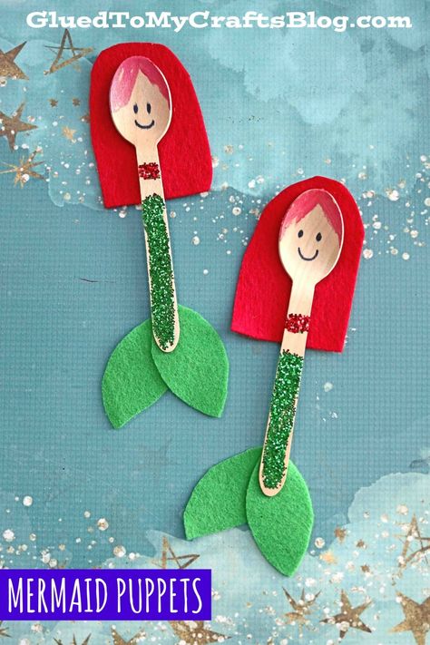 Wooden Spoon Mermaid Puppets - Kid Craft Idea For Summer Idea For Summer, Babysitting Crafts, Mermaid Kids, Mermaid Crafts, Summer Camp Crafts, Toddler Arts And Crafts, Kid Craft, Daycare Crafts, Kraf Diy