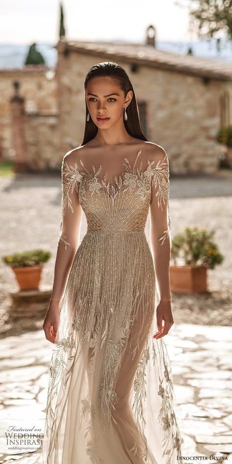 Weddinginspirasi.com featuring - innocentia divina 2024 bridal sheer long sleeve illusion jewel neck semi sweetheart neckline fully embellished a line wedding dress sheer skirt chapel train (3) lv -- Innocentia Divina 2024 Wedding Dresses #wedding #weddings #bridal #weddingdress #weddingdresses #bride #fashion #collection:Toscana #label:InnocentiaDivina #week:232023 #year:2024 ~ 2024 Gown Trends, Long Sleeve Wedding Dress Vintage, Wedding Dress Sheer, Illusion Neckline Dress, Mesh Wedding Dress, Illusion Neckline Wedding Dress, Boho Wedding Dress Bohemian, 2024 Wedding Dresses, Illusion Wedding Dress