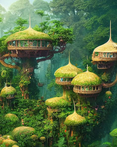 Beautiful Tree Houses, Fantasy Architecture, Fantasy Homes, Fantasy Forest, Fantasy City, Fantasy House, Fantasy Setting, Fantasy Places, Fantasy Story