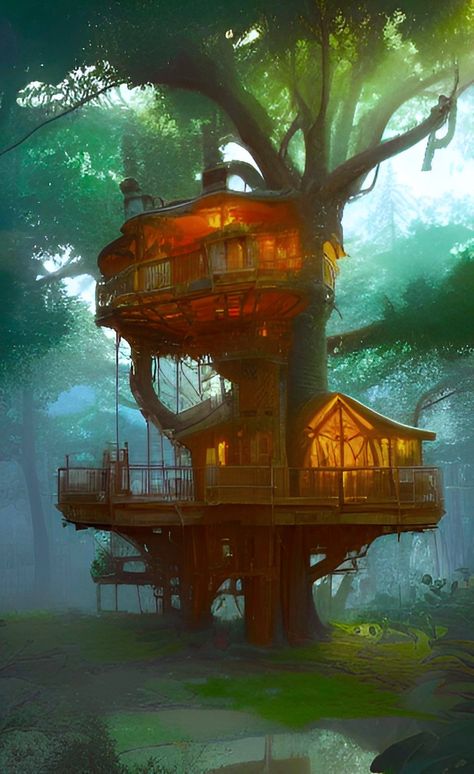 Fantasy Treehouse Concept Art, Treehouse Fantasy Art, Forest City Concept Art, Treehouse Concept Art, Rainforest Treehouse, Woodland Treehouse, Treehouse Library, Big Treehouse, Fantasy Guild