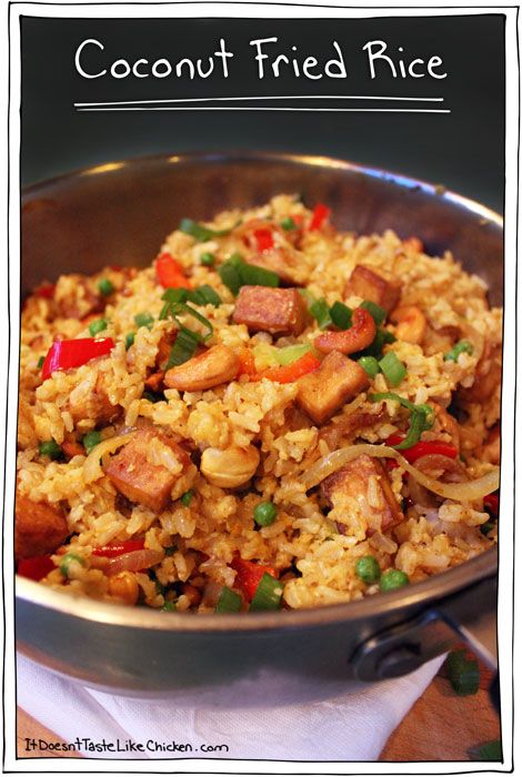 coconut-fried-rice Coconut Brown Rice, Coconut Fried Rice, Tofu Bites, Rice Coconut, Roasted Cashews, Baked Tofu, Jambalaya, Gluten Free Dinner, Vegan Foods