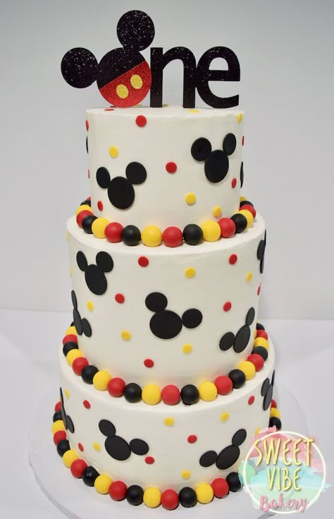 Mickey Mouse Cake 2 Tier, Mickey Mouse Simple Cake, Simple Mickey Mouse Cake Buttercream, Mickey Mouse Cake Ideas 1st Birthday, Mickey 1st Birthday Cake, Simple Mickey Mouse Party, Disney First Birthday Cake, Mickey Mouse 3rd Birthday Cake, Mickey First Birthday Cake