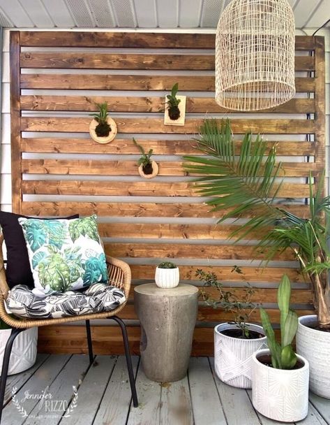 Styled Boho Decorative Wood Panel Deck Wall Makeover - Jennifer Rizzo Slat Privacy Screen, Wall Paneling Makeover, Deck Wall, Paneling Makeover, Patio Wall Decor, Wall Makeover, Small Deck Decorating Ideas, Slatted Headboard, Privacy Walls