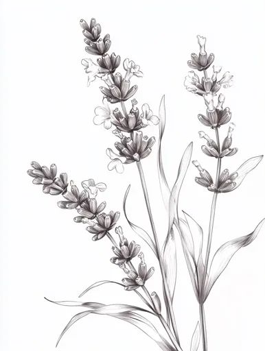 ↑↑↑ Larger size on website 🔸 A detailed black and white drawing of three lavender stalks with delicate flowers and long, slender Lavender Bunch Drawing, Lavender Plant Tattoo Black And White, Lavender Plant Drawing, Lavender Drawing, Plant Tattoo, White Drawing, Lavender Plant, Plant Drawing, Delicate Flowers