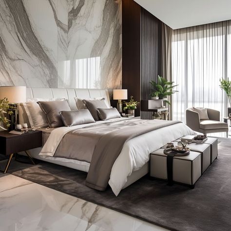 The master bedroom boasts a sleek marble headboard that anchors the space. Marble Headboard, Marble Bedroom, Modern White Bedroom, Living Room Decor Lights, Wall Art Decor Bedroom, Aesthetic Living Room, Luxury Bedroom Design, Luxury Bedroom Master, Fancy Houses