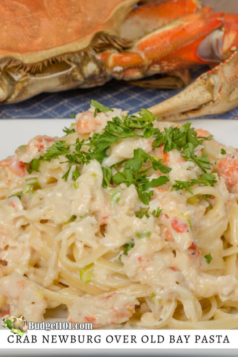 Crabmeat Pasta Recipes, Seafood Newburg Recipe Easy, Crabmeat Recipes Easy, Crab Pasta Sauce, Shrimp Newburg Recipes, Crab Sauce For Pasta, Lobster Newburg Recipes, Crab Newburg, Old Bay Pasta