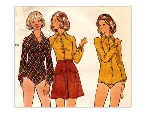 Vintage Bodysuit and A Line Skirt Sewing by PrettyPatternShop, $6.95 Miniskirt Pattern, 1975 Fashion, 70s Patterns, Vintage Bodysuit, Bodysuit Pattern, Sewing Pattern Vintage, Bodysuit And Skirt, Crafts Sewing Patterns, Skirt Sewing